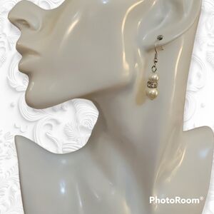 3/$30 White Glass Pearl Rhinestone Bridal Dangle Hook Earrings